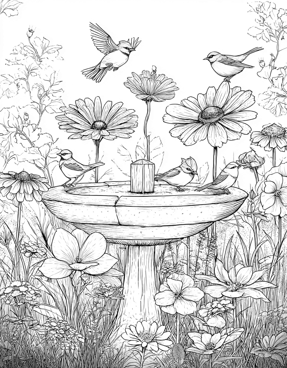 Birdbath Bliss Unleash Your Inner Artist, Stress Relief Color Book, Garden Colouring Pages for Womens, Free Printable Girly Coloring Pages, Birdbath Coloring main 4