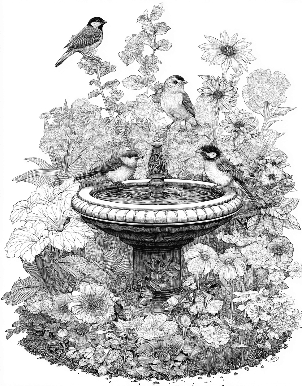 Birdbath Bliss Unleash Your Inner Artist, Stress Relief Color Book, Garden Colouring Pages for Womens, Free Printable Girly Coloring Pages, Birdbath Coloring main 5