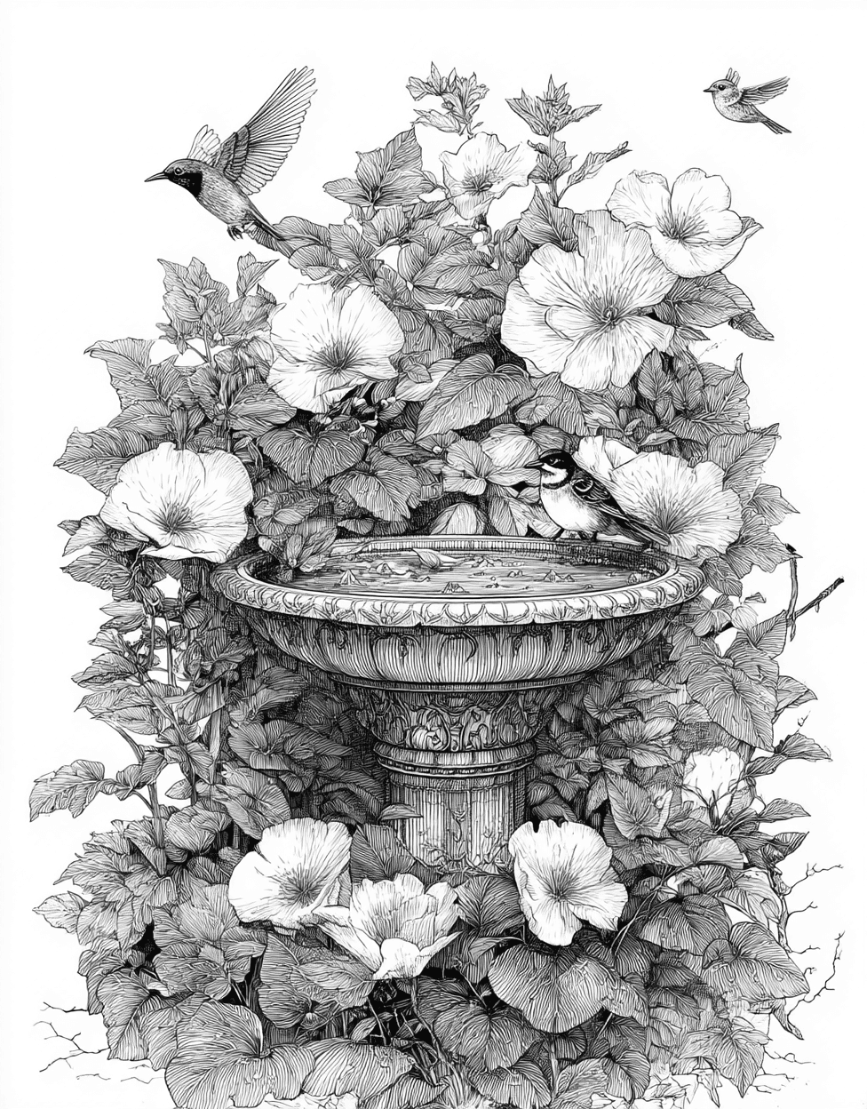 Birdbath Bliss Unleash Your Inner Artist, Stress Relief Color Book, Garden Colouring Pages for Womens, Free Printable Girly Coloring Pages, Birdbath Coloring main 6