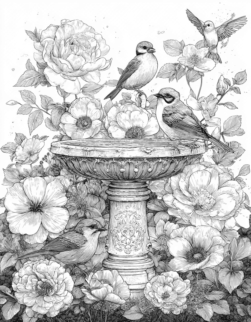 Birdbath Bliss Unleash Your Inner Artist, Stress Relief Color Book, Garden Colouring Pages for Womens, Free Printable Girly Coloring Pages, Birdbath Coloring main 7