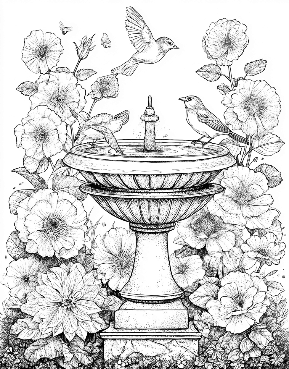 Birdbath Bliss Unleash Your Inner Artist, Stress Relief Color Book, Garden Colouring Pages for Womens, Free Printable Girly Coloring Pages, Birdbath Coloring main 8