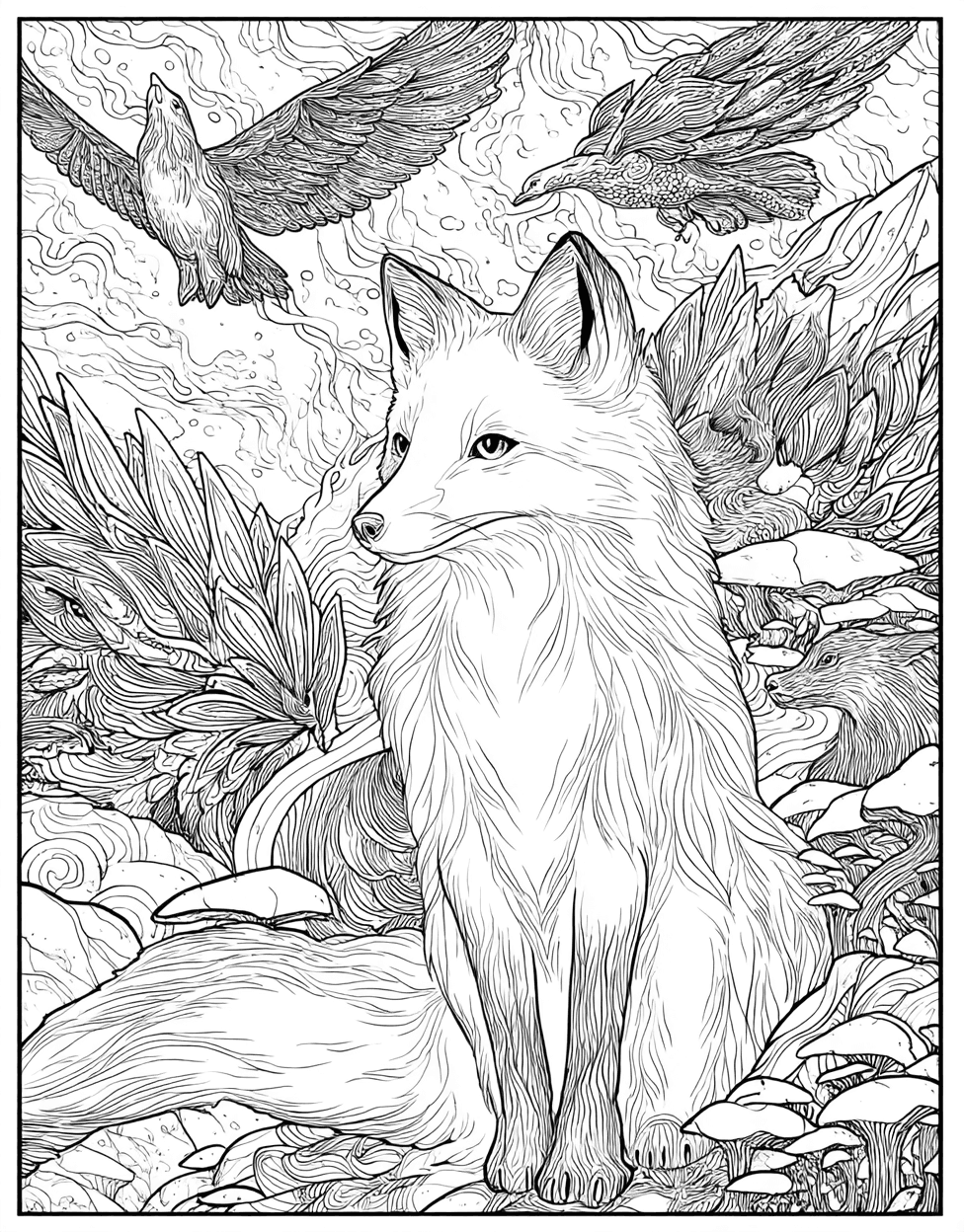 Relaxation Color Book, Mythical Creatures Colouring Pages for Teen, Kitsune Coloring, Whimsical Kitsune Art to Brighten Your Day, Free Printable Adult Coloring Pages main 2