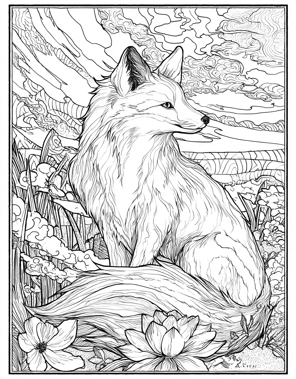 Relaxation Color Book, Mythical Creatures Colouring Pages for Teen, Kitsune Coloring, Whimsical Kitsune Art to Brighten Your Day, Free Printable Adult Coloring Pages main 4