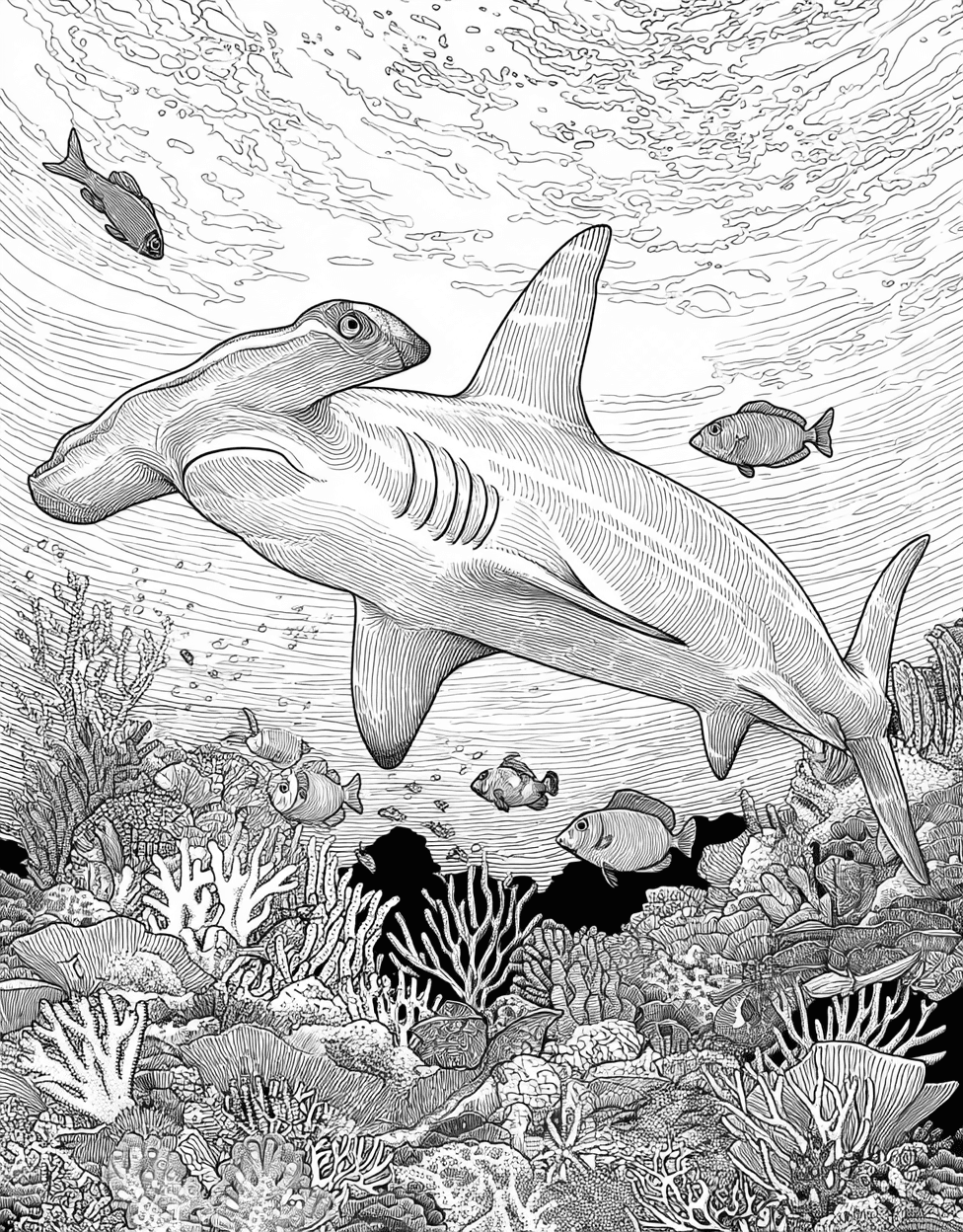 Hammerhead Shark Art Adventures, Hammerhead Shark Coloring, Stress Relief Color Book, Ocean Life Colouring Pages for Teens, Free Color Pages for Adults main 2