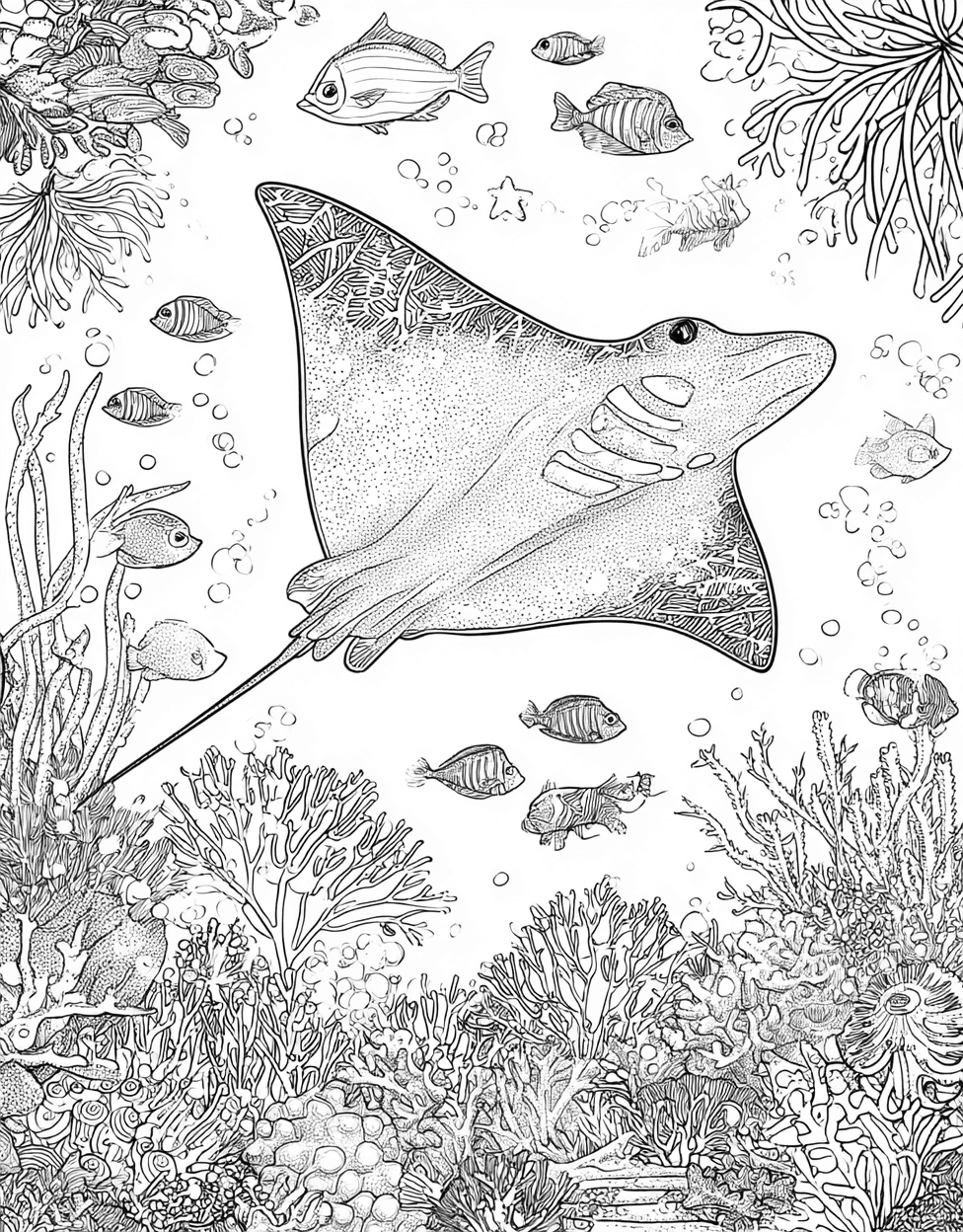 Vibrant Electric Ray Art Adventures Await, Stress Relief Color Book, Ocean Life Colouring Pages for Teens, Free Color Pages for Adults, Electric Ray Coloring main 2