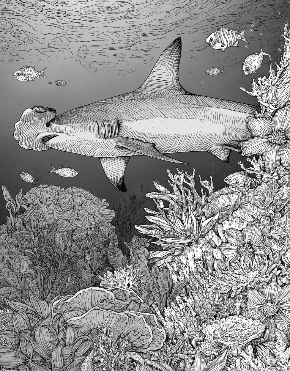 Hammerhead Shark Art Adventures, Hammerhead Shark Coloring, Stress Relief Color Book, Ocean Life Colouring Pages for Teens, Free Color Pages for Adults main 3