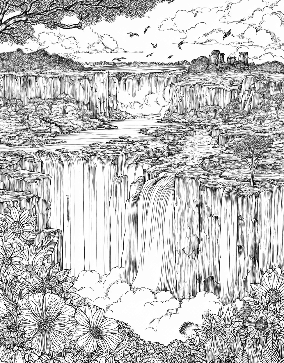 Whimsical Waterfall Art for Your Imagination, Coloring Kids Flowers Waterfall, Free Printable Coloring Pages, Stress Relief Color Book, Travel & Landmarks Colouring Pages for Womens main 2