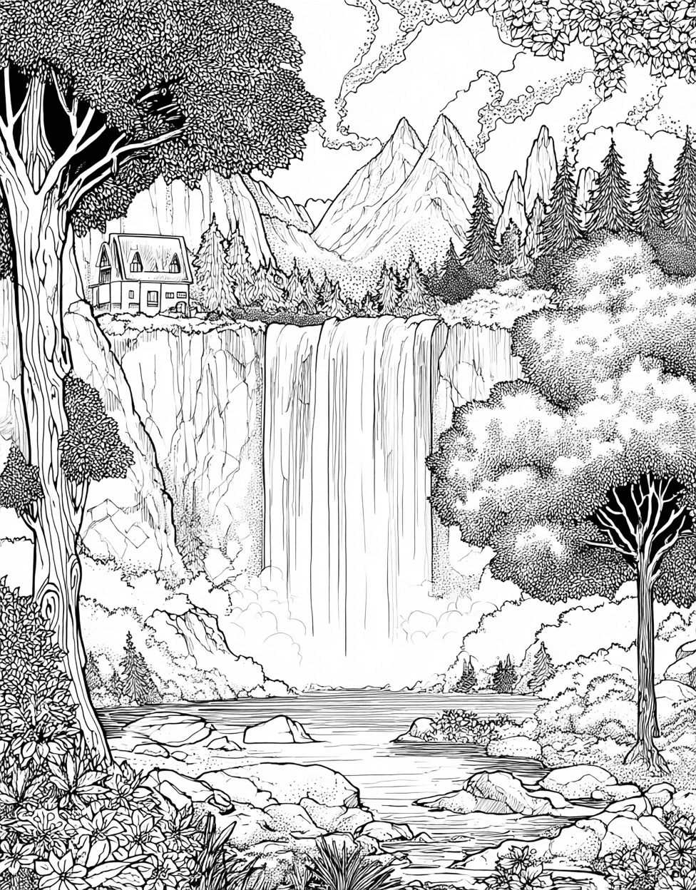 Whimsical Waterfall Art for Your Imagination, Coloring Kids Flowers Waterfall, Free Printable Coloring Pages, Stress Relief Color Book, Travel & Landmarks Colouring Pages for Womens main 3