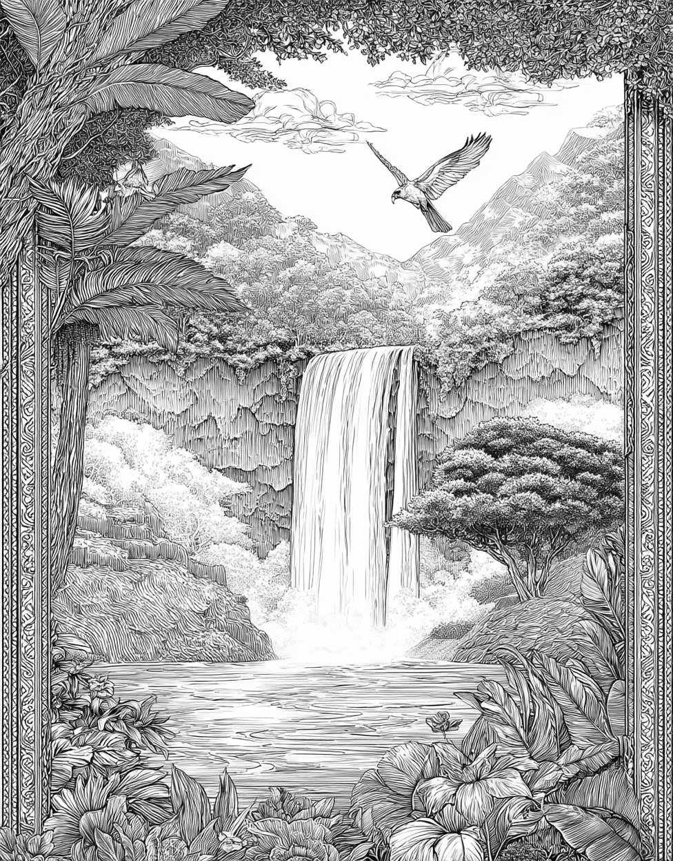Whimsical Waterfall Art for Your Imagination, Coloring Kids Flowers Waterfall, Free Printable Coloring Pages, Stress Relief Color Book, Travel & Landmarks Colouring Pages for Womens main 4