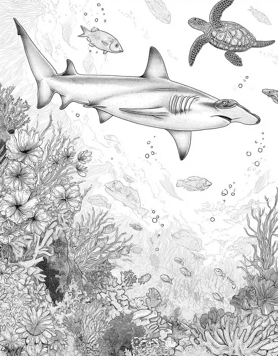 Hammerhead Shark Art Adventures, Hammerhead Shark Coloring, Stress Relief Color Book, Ocean Life Colouring Pages for Teens, Free Color Pages for Adults main 6