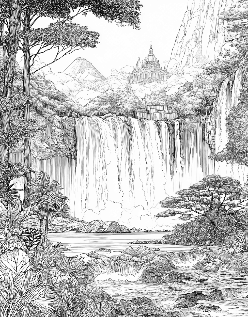 Whimsical Waterfall Art for Your Imagination, Coloring Kids Flowers Waterfall, Free Printable Coloring Pages, Stress Relief Color Book, Travel & Landmarks Colouring Pages for Womens main 5