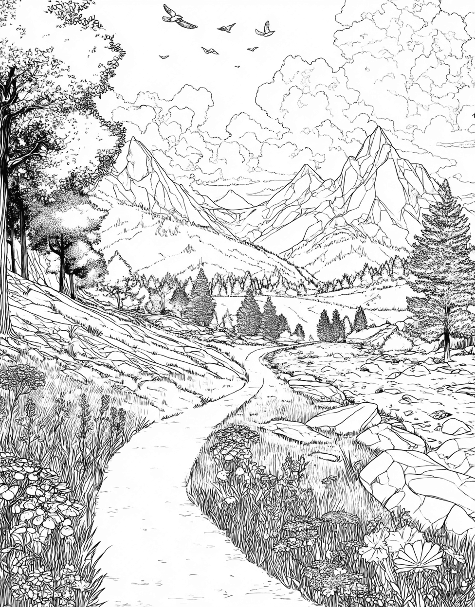 Trail Coloring, Free Coloring Pages to Print, Trail Adventures Natures Canvas Awaits, Relaxation Color Book, Travel & Landmarks Colouring Pages for Women main 5