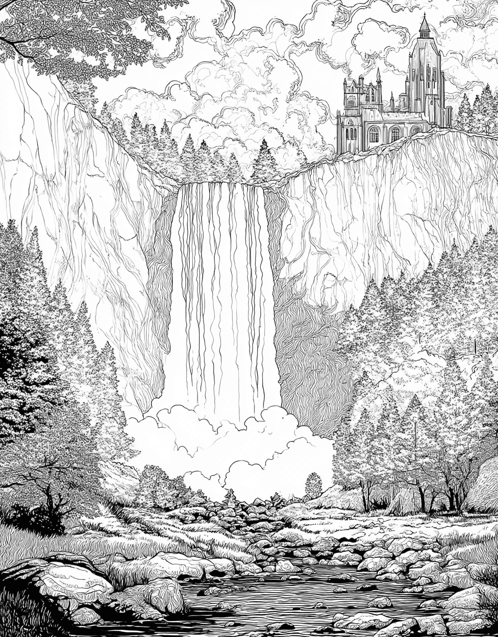 Whimsical Waterfall Art for Your Imagination, Coloring Kids Flowers Waterfall, Free Printable Coloring Pages, Stress Relief Color Book, Travel & Landmarks Colouring Pages for Womens main 6