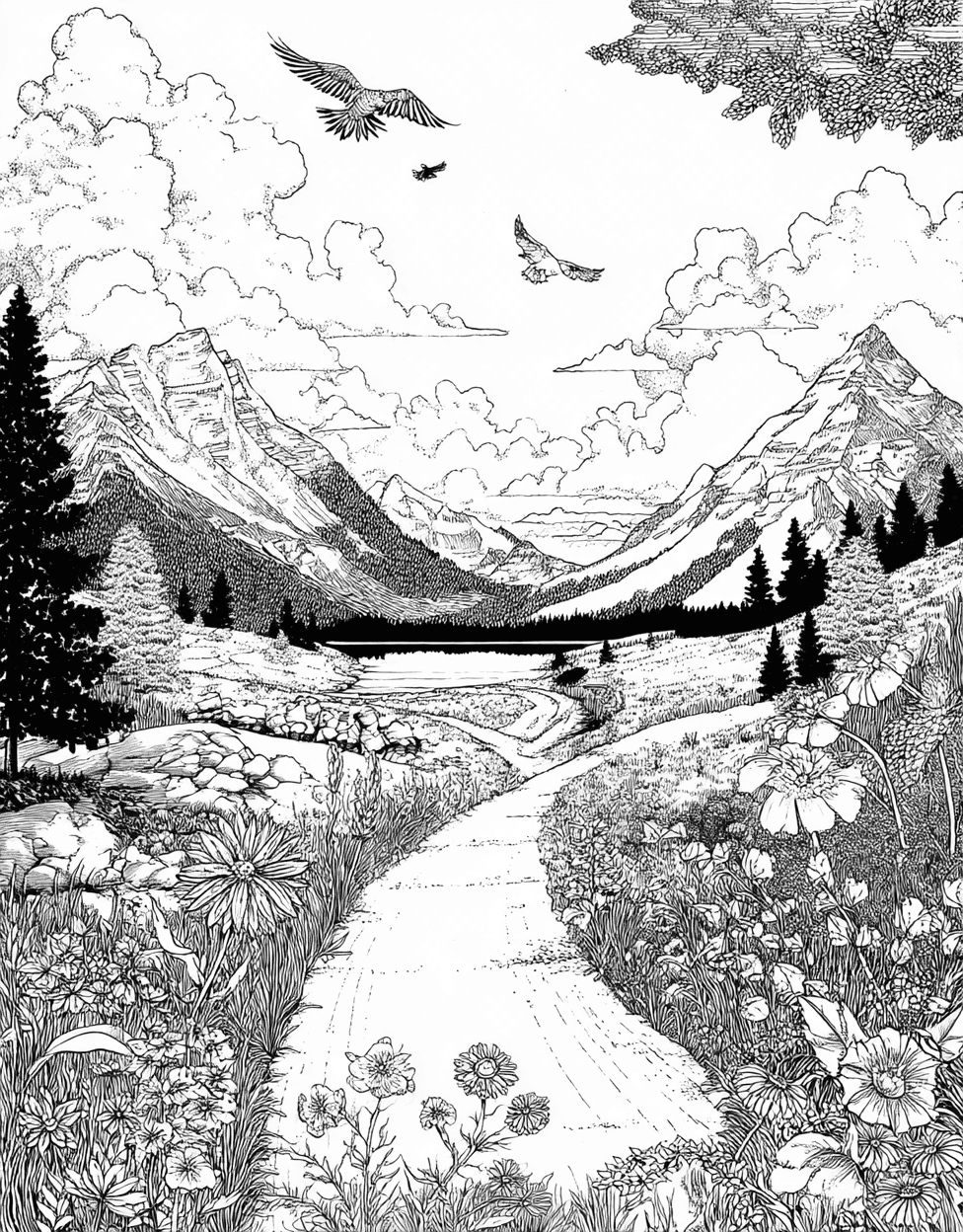 Trail Coloring, Free Coloring Pages to Print, Trail Adventures Natures Canvas Awaits, Relaxation Color Book, Travel & Landmarks Colouring Pages for Women main 6