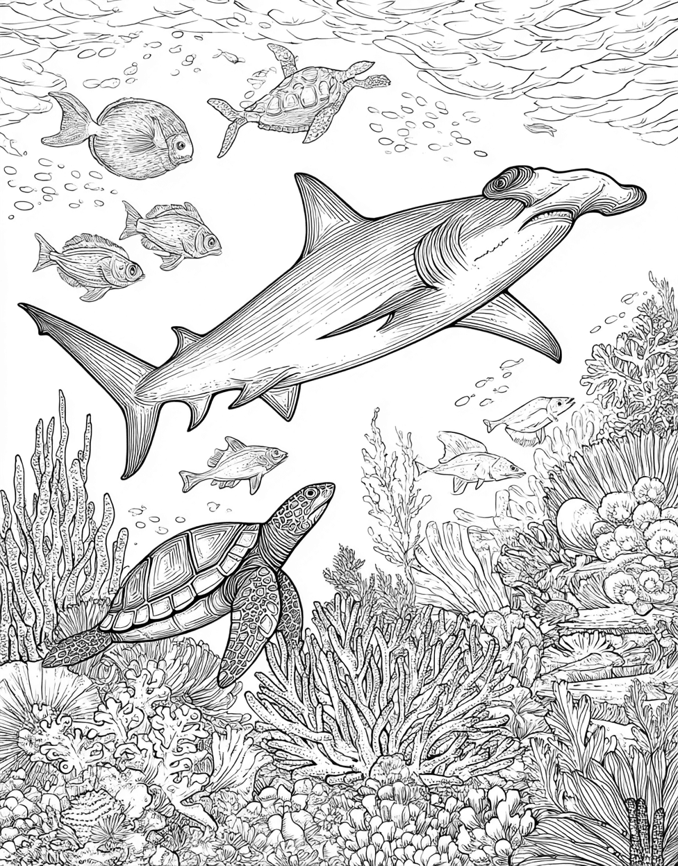 Hammerhead Shark Art Adventures, Hammerhead Shark Coloring, Stress Relief Color Book, Ocean Life Colouring Pages for Teens, Free Color Pages for Adults main 8