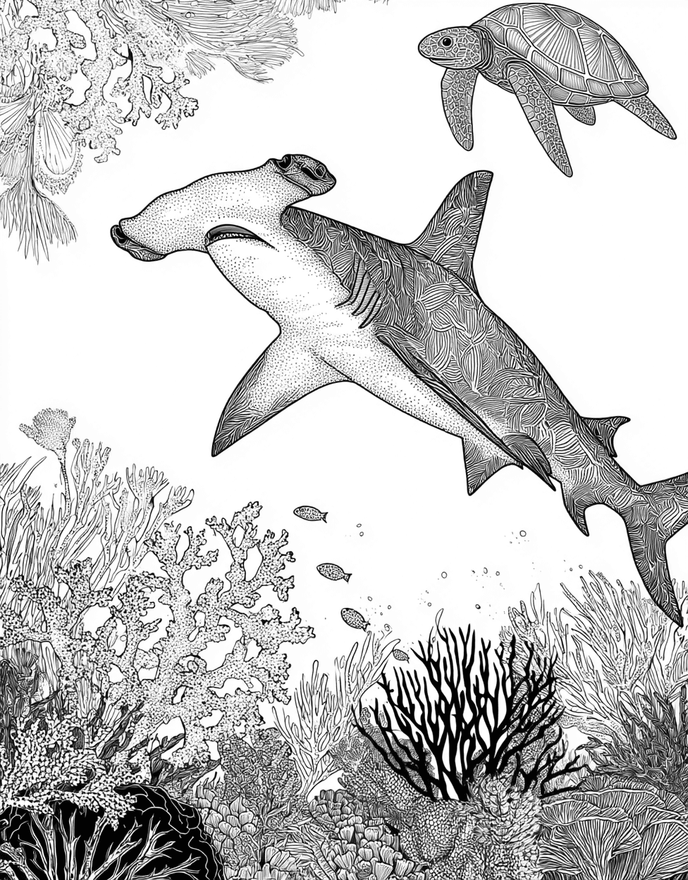 Hammerhead Shark Art Adventures, Hammerhead Shark Coloring, Stress Relief Color Book, Ocean Life Colouring Pages for Teens, Free Color Pages for Adults main 9