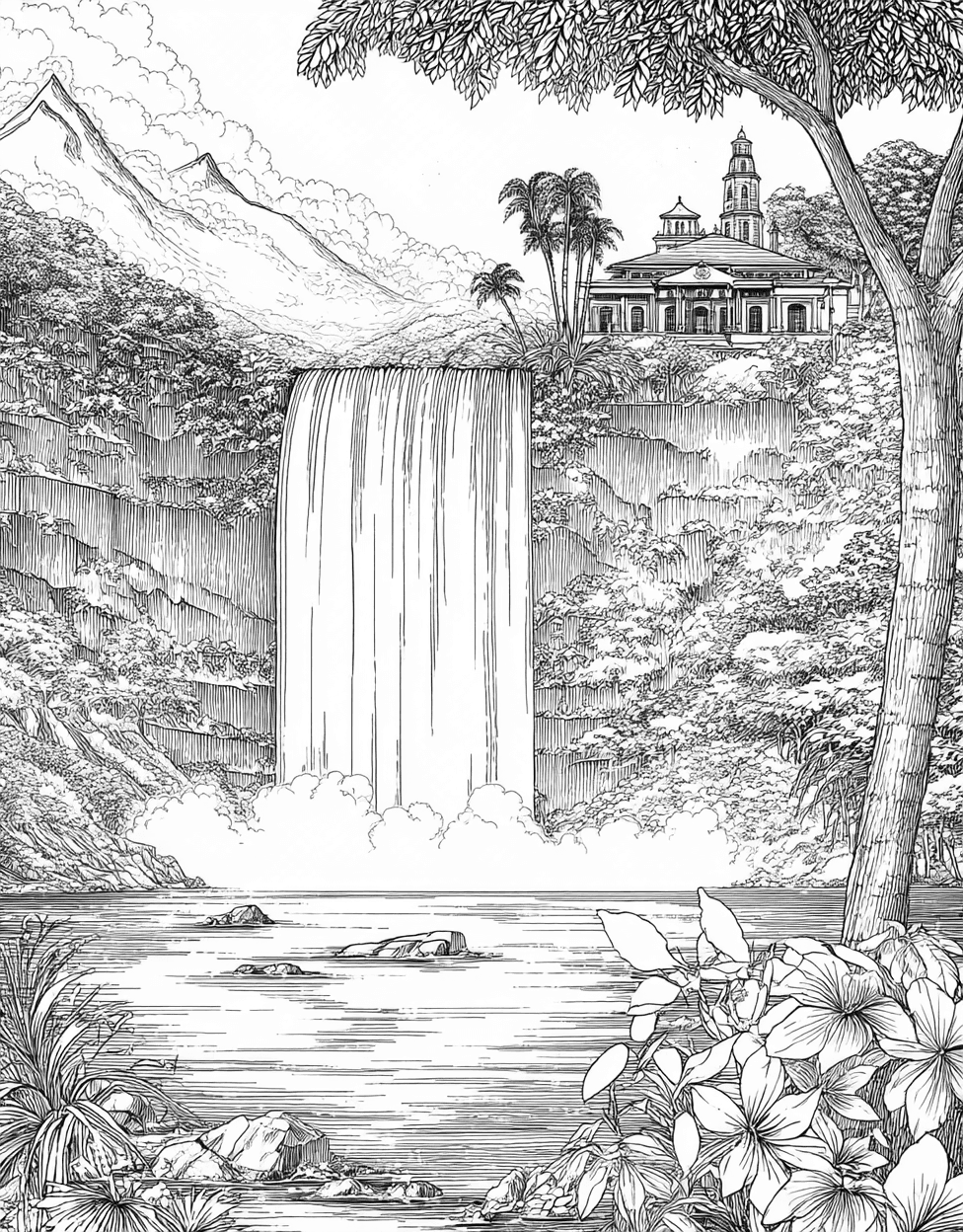 Whimsical Waterfall Art for Your Imagination, Coloring Kids Flowers Waterfall, Free Printable Coloring Pages, Stress Relief Color Book, Travel & Landmarks Colouring Pages for Womens main 8
