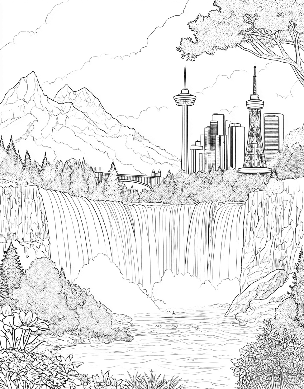 Whimsical Waterfall Art for Your Imagination, Coloring Kids Flowers Waterfall, Free Printable Coloring Pages, Stress Relief Color Book, Travel & Landmarks Colouring Pages for Womens main 9