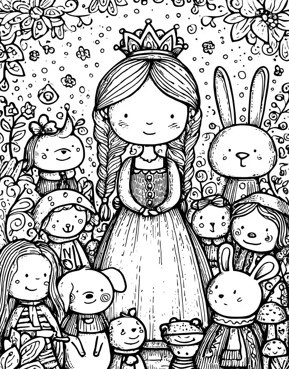 Princess Doll Coloring, Relaxation Color Book, Cute Characters Colouring Pages for Adults, Free Coloring Pages for Adults, Enchanting Princess Doll Art Adventures main 2