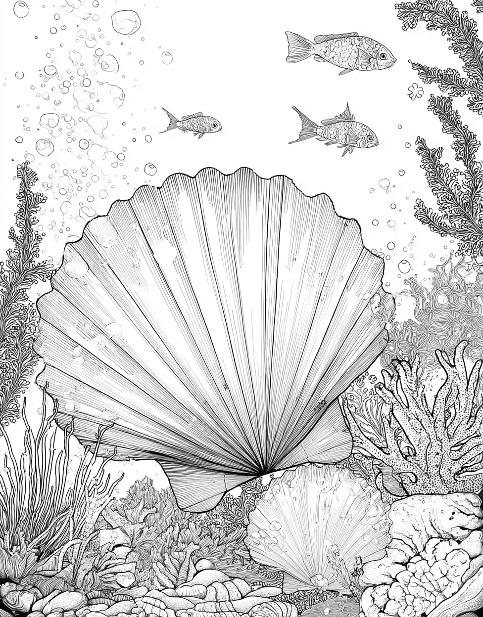 Scallop Dreams Artistic Page Adventures, Free Coloring Pages for Adults, Relaxation Color Book, Ocean Life Colouring Pages for Teen, Scallop Coloring main 2