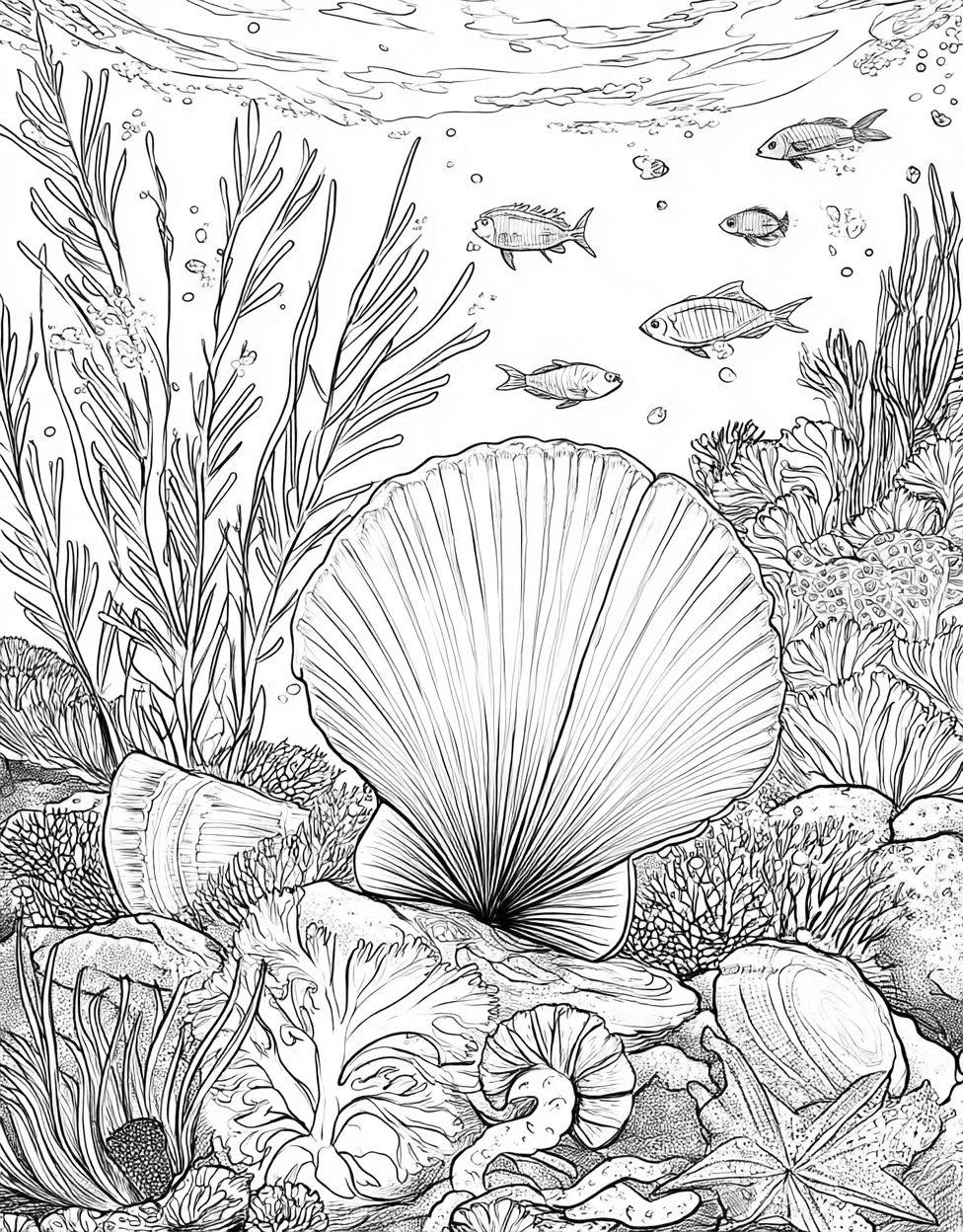 Scallop Dreams Artistic Page Adventures, Free Coloring Pages for Adults, Relaxation Color Book, Ocean Life Colouring Pages for Teen, Scallop Coloring main 3