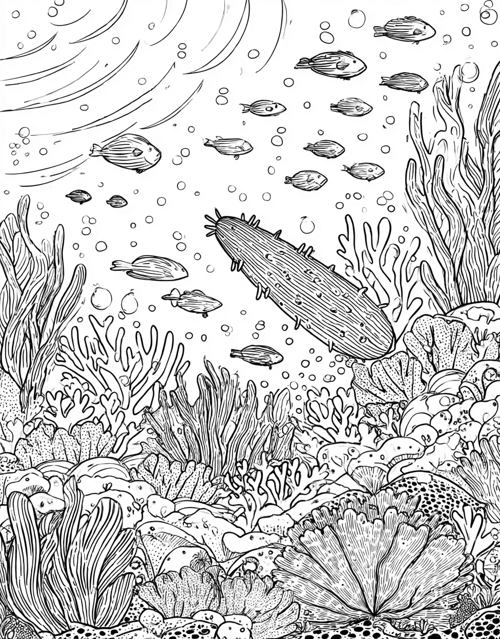 Sea Cucumber Coloring, Free Coloring Pages Pdf Format, Relaxation Color Book, Ocean Life Colouring Pages for Women, Underwater Fun Sea Cucumber Art Adventure main 2