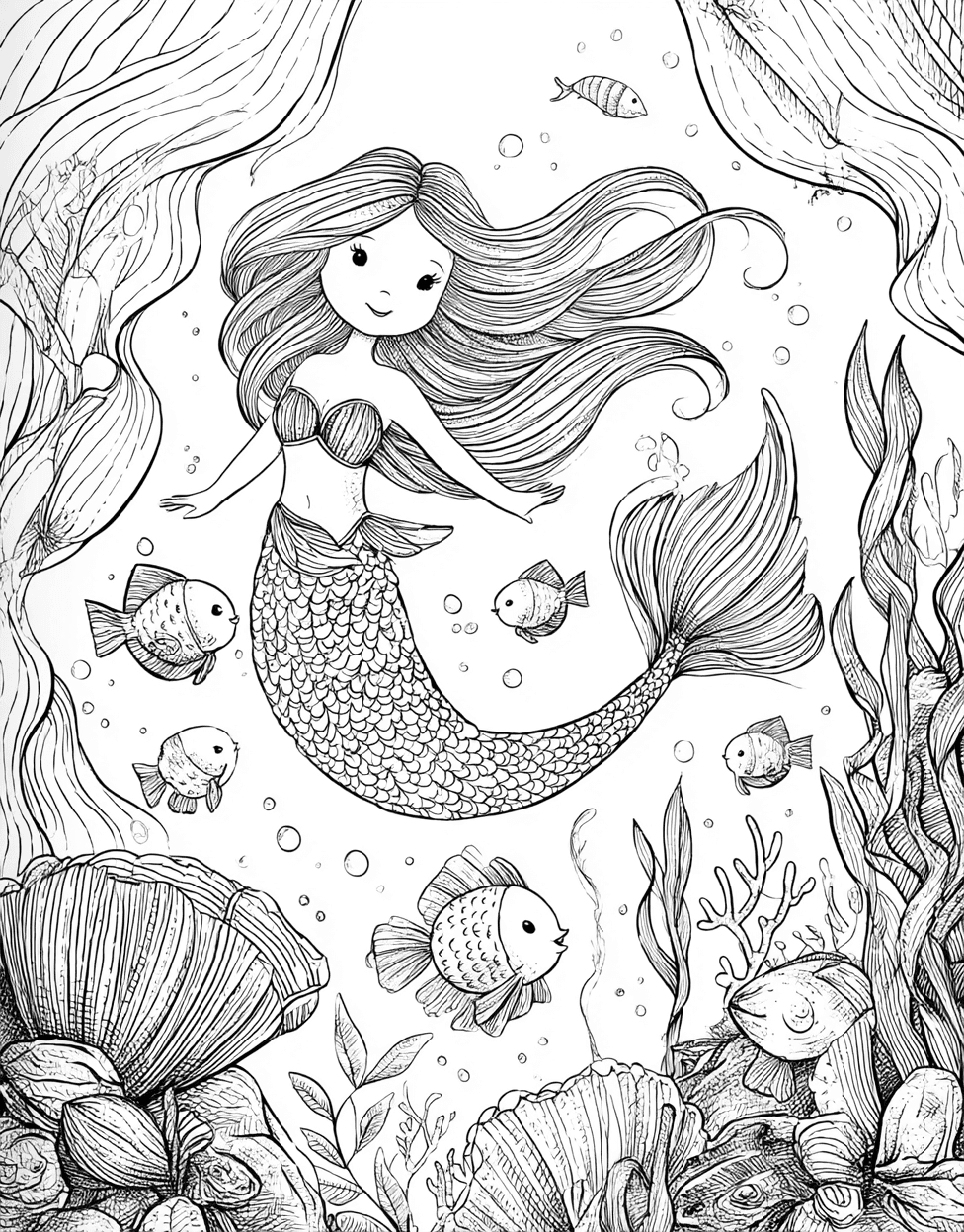 Free Coloring Pages for Adults, Mermaid Friend Coloring, Whimsical Mermaid Friend Art Adventures, Stress Relief Color Book, Cute Characters Colouring Pages for Teenage main 2