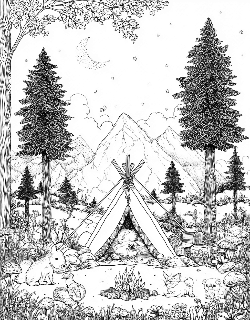 Coloring Pages for Adults Free Printable, Bivouac Bliss Natures Sketch Adventure, Bivouac Coloring, Relaxation Color Book, Adventure Colouring Pages for Adult main 2