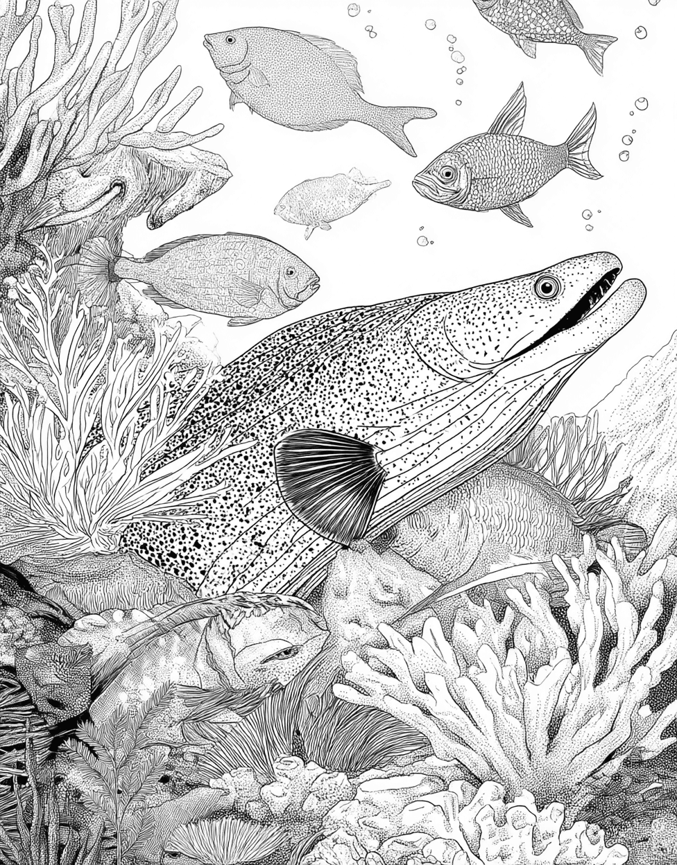 Free Coloring Book Pages for Adults, Relaxation Color Book, Ocean Life Colouring Pages for Women, Moray Eel Coloring, Moray Eel Art Dive into Creative Fun main 2