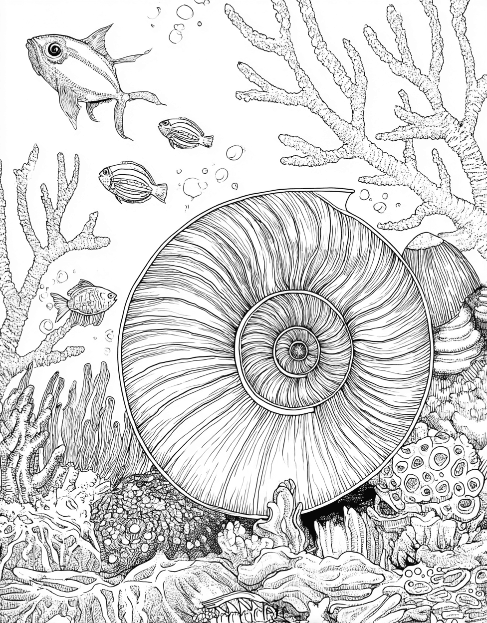 Free Printable Adult Coloring Pages, Nautilus Shell Coloring, Nautilus Shell Art a Spiral of Creativity, Stress Relief Color Book, Ocean Life Colouring Pages for Adults main 2