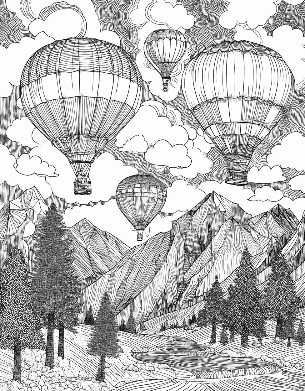 Hotairballoon Coloring, Skyward Dreams Hot Air Balloon Designs, Free Printable Girly Coloring Pages, Relaxation Color Book, Adventure Colouring Pages for Womens main 2