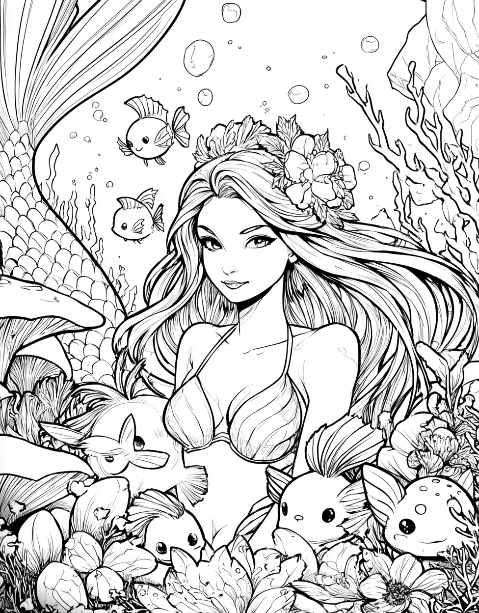Free Coloring Pages for Adults, Mermaid Friend Coloring, Whimsical Mermaid Friend Art Adventures, Stress Relief Color Book, Cute Characters Colouring Pages for Teenage main 3