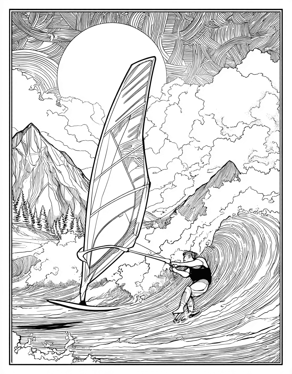 Relaxation Color Book, Adventure Colouring Pages for Adults, Coloring Pages Pdf Free, Windsurfing Coloring, Ride the Waves Windsurfing Art Adventure main 3