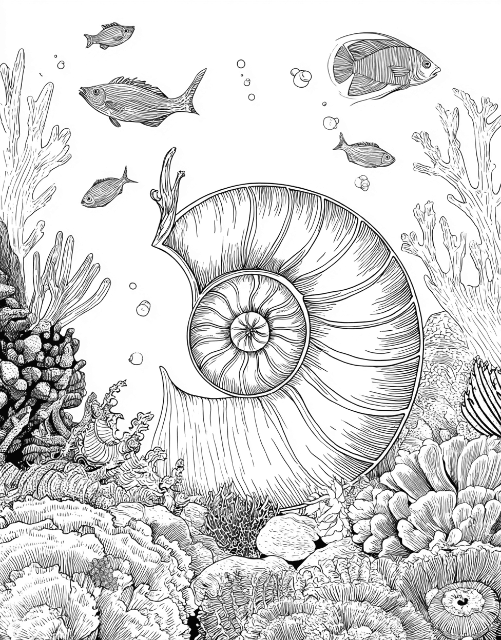 Free Printable Adult Coloring Pages, Nautilus Shell Coloring, Nautilus Shell Art a Spiral of Creativity, Stress Relief Color Book, Ocean Life Colouring Pages for Adults main 3