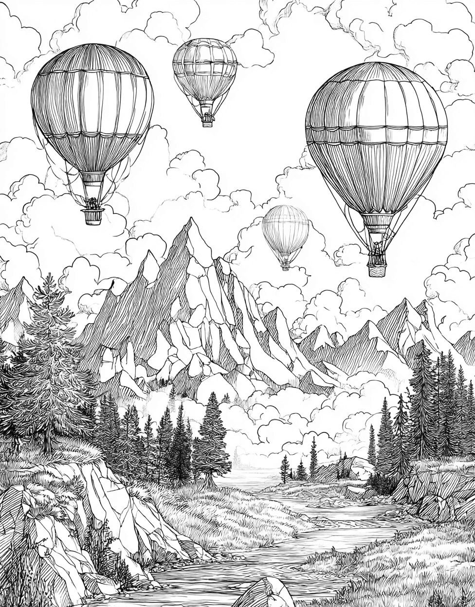 Hotairballoon Coloring, Skyward Dreams Hot Air Balloon Designs, Free Printable Girly Coloring Pages, Relaxation Color Book, Adventure Colouring Pages for Womens main 3