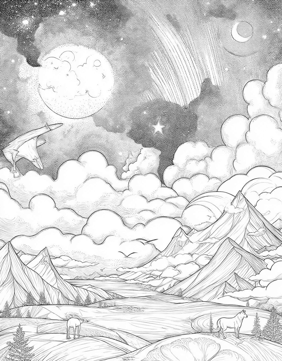 Free Printable Coloring Pages, Stress Relief Color Book, Adventure Colouring Pages for Teen, Coloring Printable Star Complications, Starry Nights Celestial Art Adventures main 3