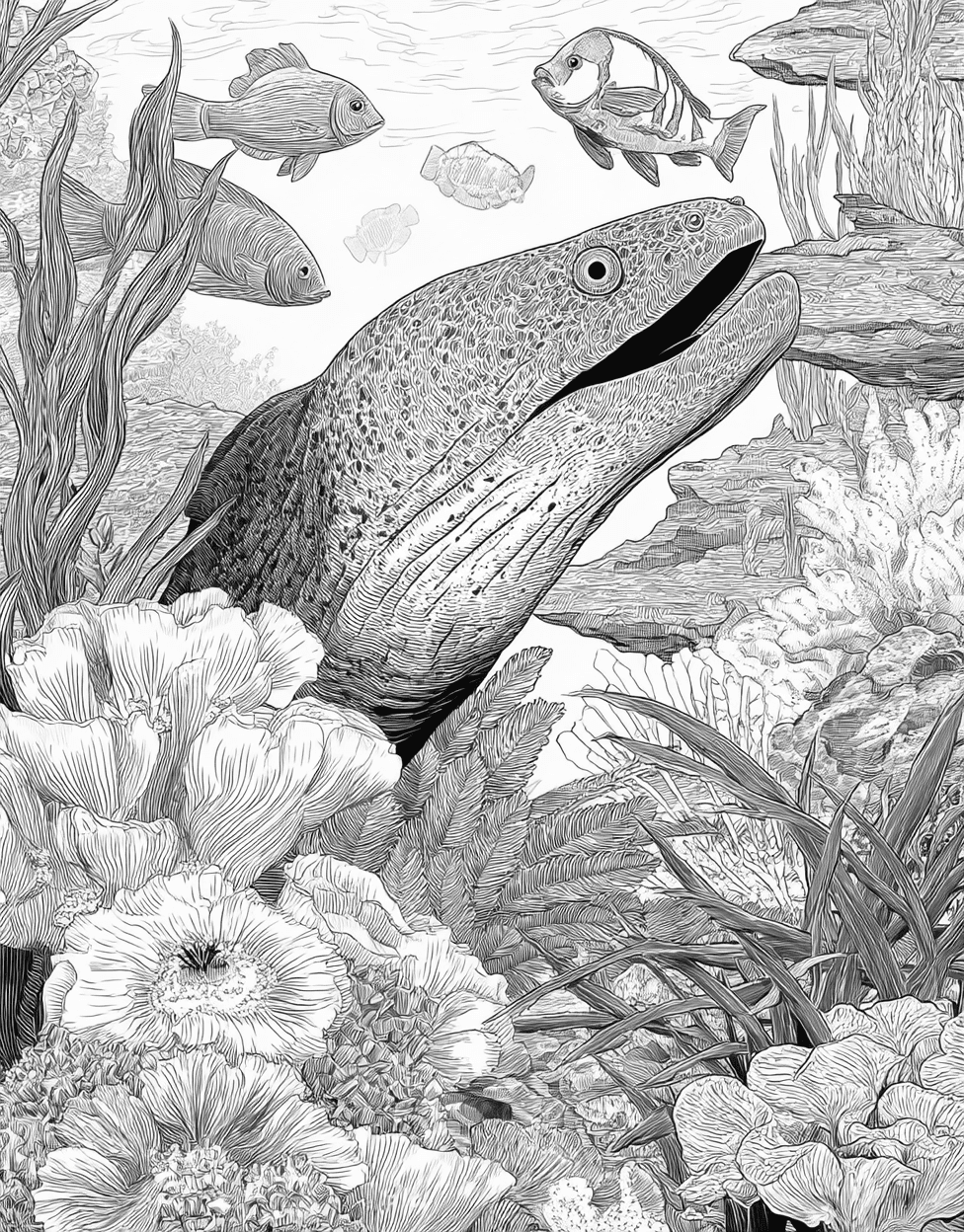 Free Coloring Book Pages for Adults, Relaxation Color Book, Ocean Life Colouring Pages for Women, Moray Eel Coloring, Moray Eel Art Dive into Creative Fun main 3
