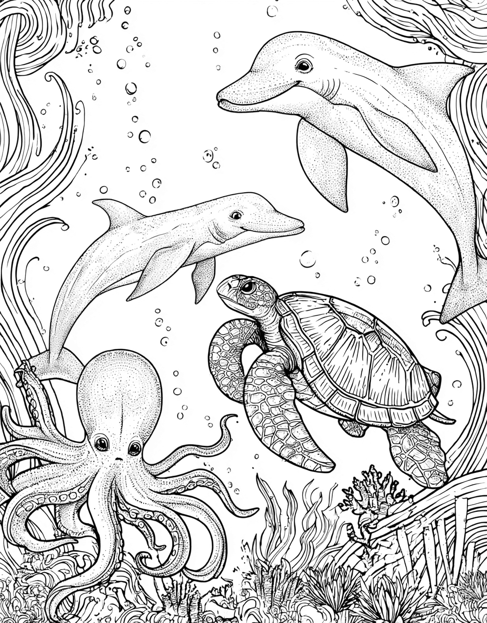 Underwater Wonders Ocean Creature Art Fun, Relaxation Color Book, Cute Characters Colouring Pages for Womens, Coloring Pages for Adults Free Printable, Ocean Creature Coloring main 3