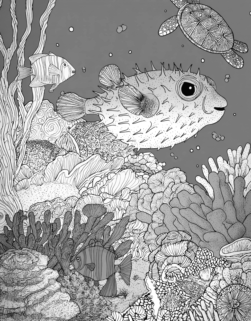 Pufferfish Coloring, Free Printable Girly Coloring Pages, Pufferfish Patterns Dive into Creativity, Relaxation Color Book, Ocean Life Colouring Pages for Women main 4
