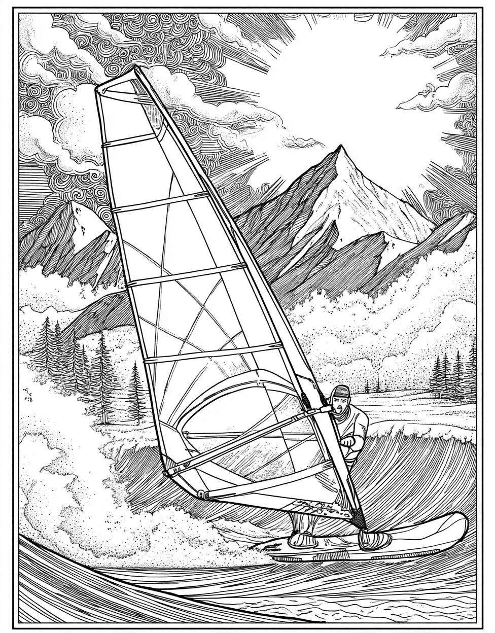Relaxation Color Book, Adventure Colouring Pages for Adults, Coloring Pages Pdf Free, Windsurfing Coloring, Ride the Waves Windsurfing Art Adventure main 4
