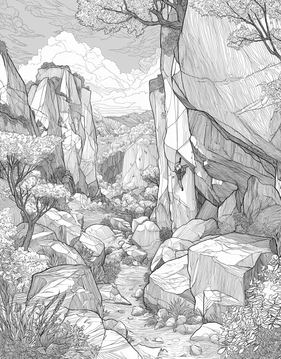 Bold Rocks Bouldering Art Pages, Free Color Pages for Adults, Relaxation Color Book, Adventure Colouring Pages for Teen, Bouldering Coloring main 4