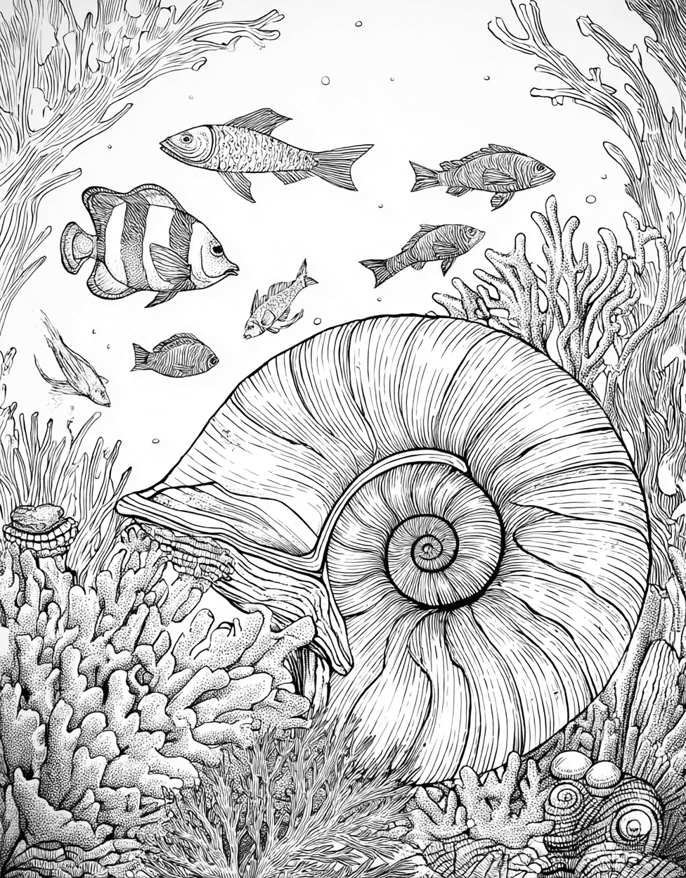 Free Printable Adult Coloring Pages, Nautilus Shell Coloring, Nautilus Shell Art a Spiral of Creativity, Stress Relief Color Book, Ocean Life Colouring Pages for Adults main 4