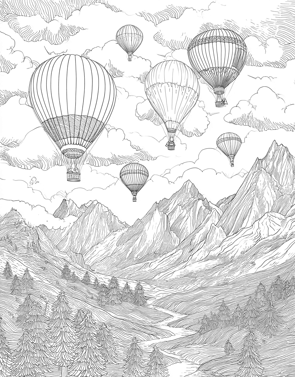 Hotairballoon Coloring, Skyward Dreams Hot Air Balloon Designs, Free Printable Girly Coloring Pages, Relaxation Color Book, Adventure Colouring Pages for Womens main 4