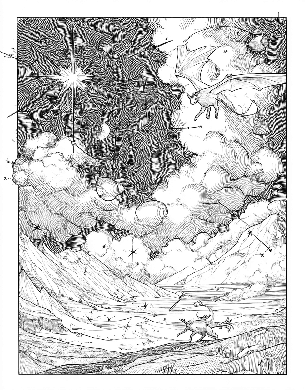 Free Printable Coloring Pages, Stress Relief Color Book, Adventure Colouring Pages for Teen, Coloring Printable Star Complications, Starry Nights Celestial Art Adventures main 4