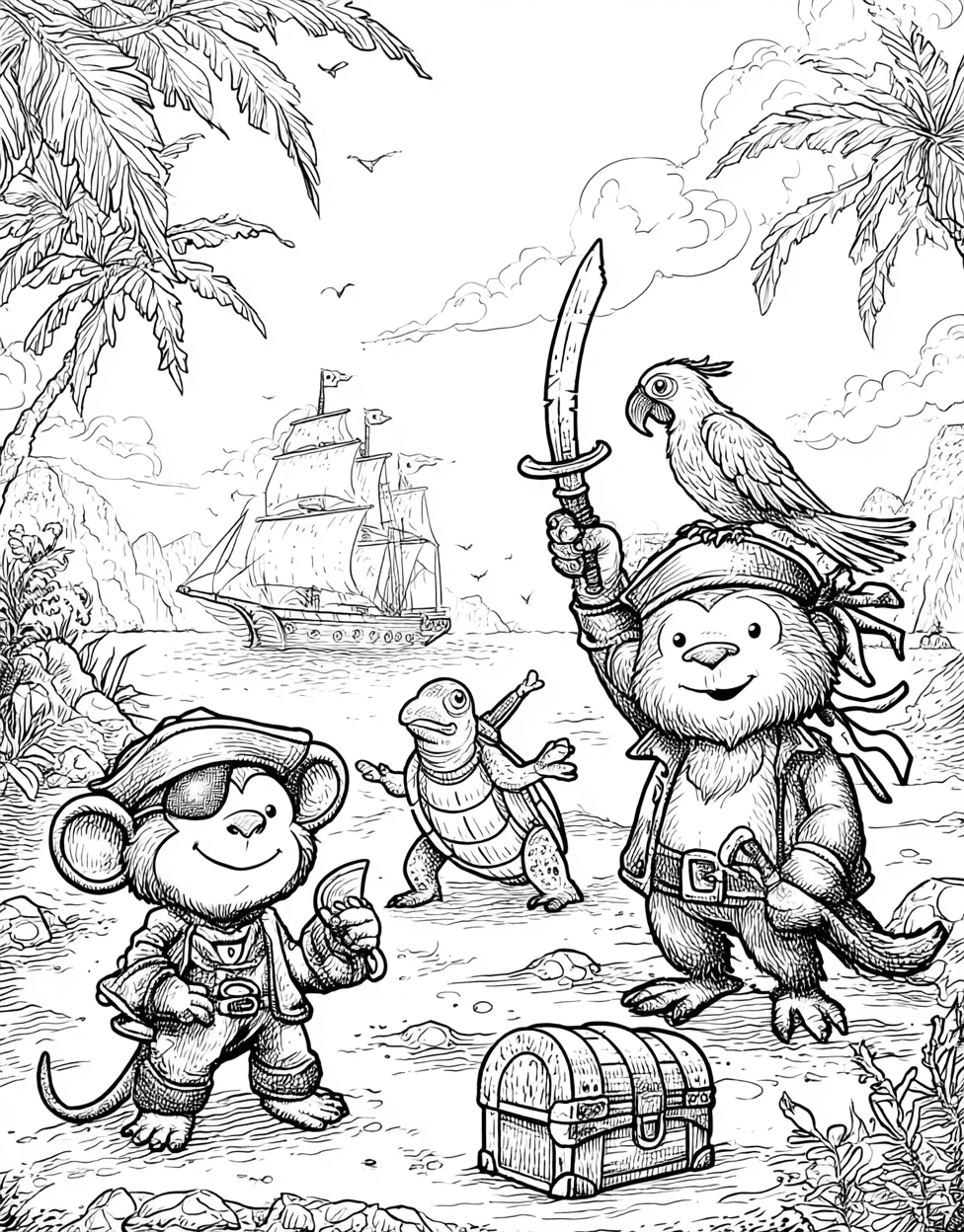 Swashbuckling Animal Pirates Adventure, Relaxation Color Book, Cute Characters Colouring Pages for Adults, Free Color Pages for Adults, Pirate Animal Coloring main 6
