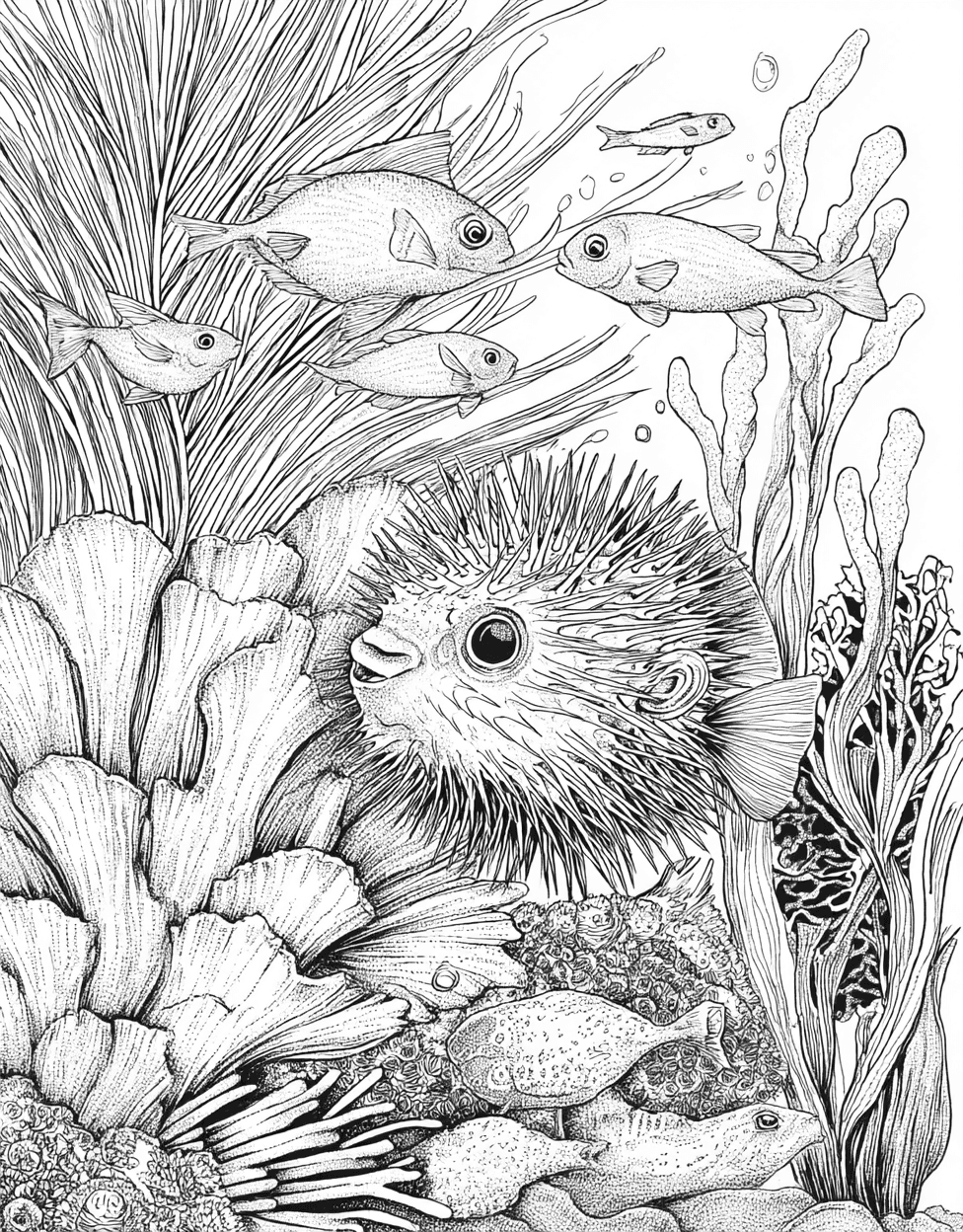 Pufferfish Coloring, Free Printable Girly Coloring Pages, Pufferfish Patterns Dive into Creativity, Relaxation Color Book, Ocean Life Colouring Pages for Women main 5