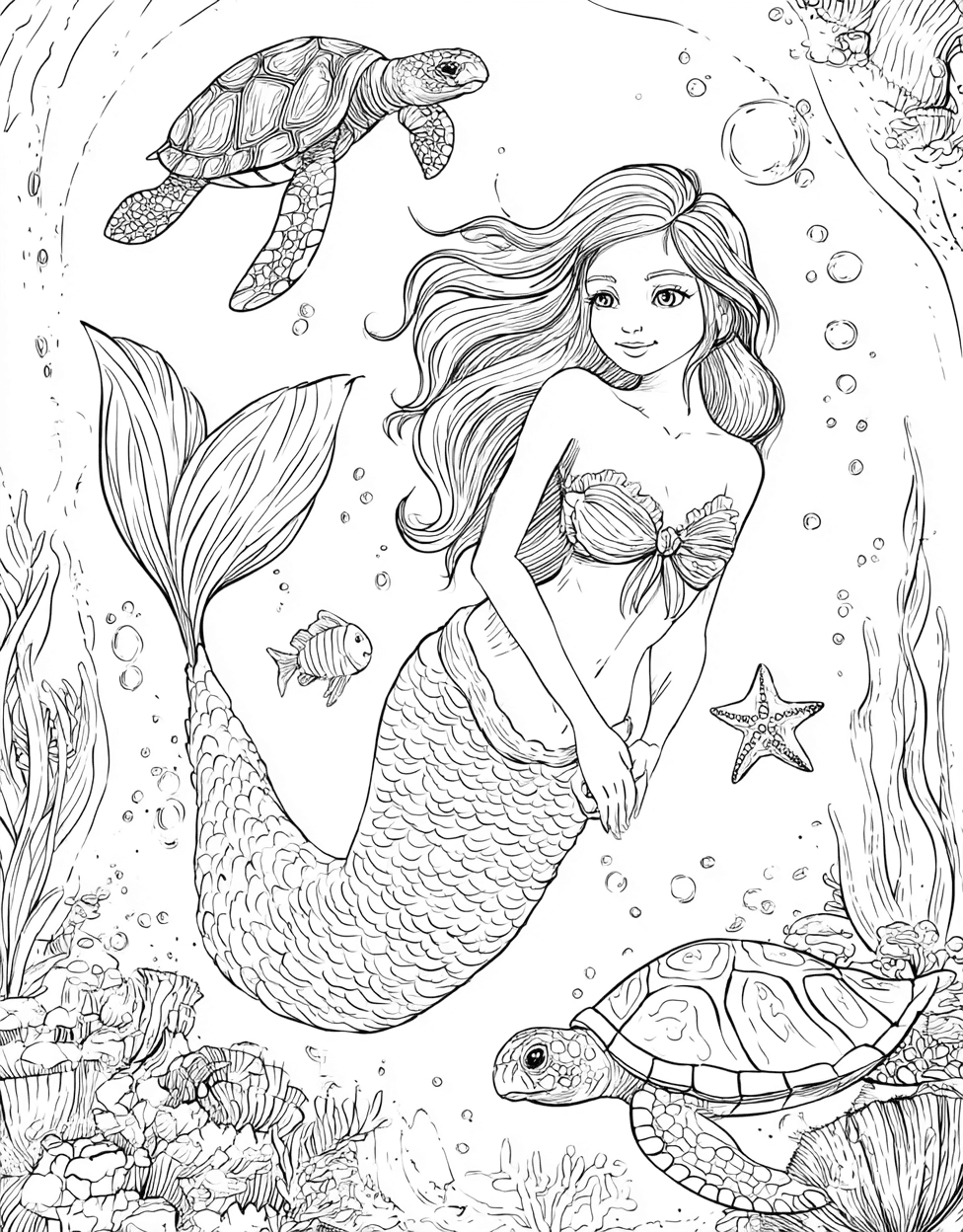 Free Coloring Pages for Adults, Mermaid Friend Coloring, Whimsical Mermaid Friend Art Adventures, Stress Relief Color Book, Cute Characters Colouring Pages for Teenage main 5