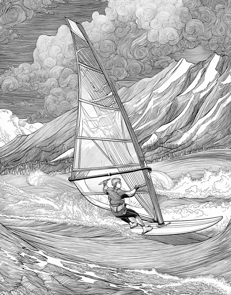 Relaxation Color Book, Adventure Colouring Pages for Adults, Coloring Pages Pdf Free, Windsurfing Coloring, Ride the Waves Windsurfing Art Adventure main 5