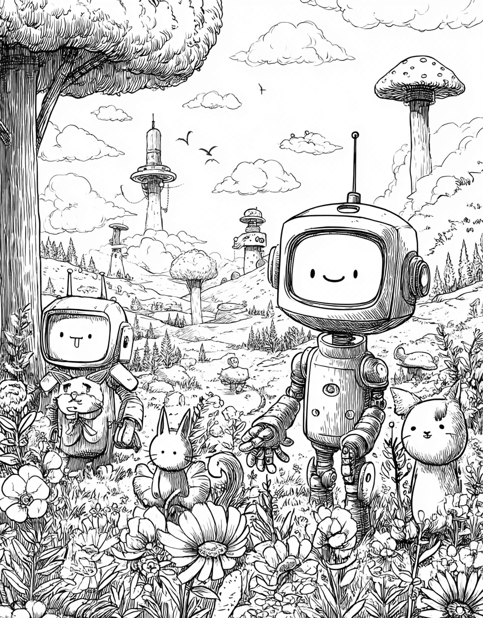 Robot Animal Coloring, Stress Relief Color Book, Cute Characters Colouring Pages for Teenage, Coloring Pages for Adults Free, Whimsical Robot Animal Art Adventures main 6
