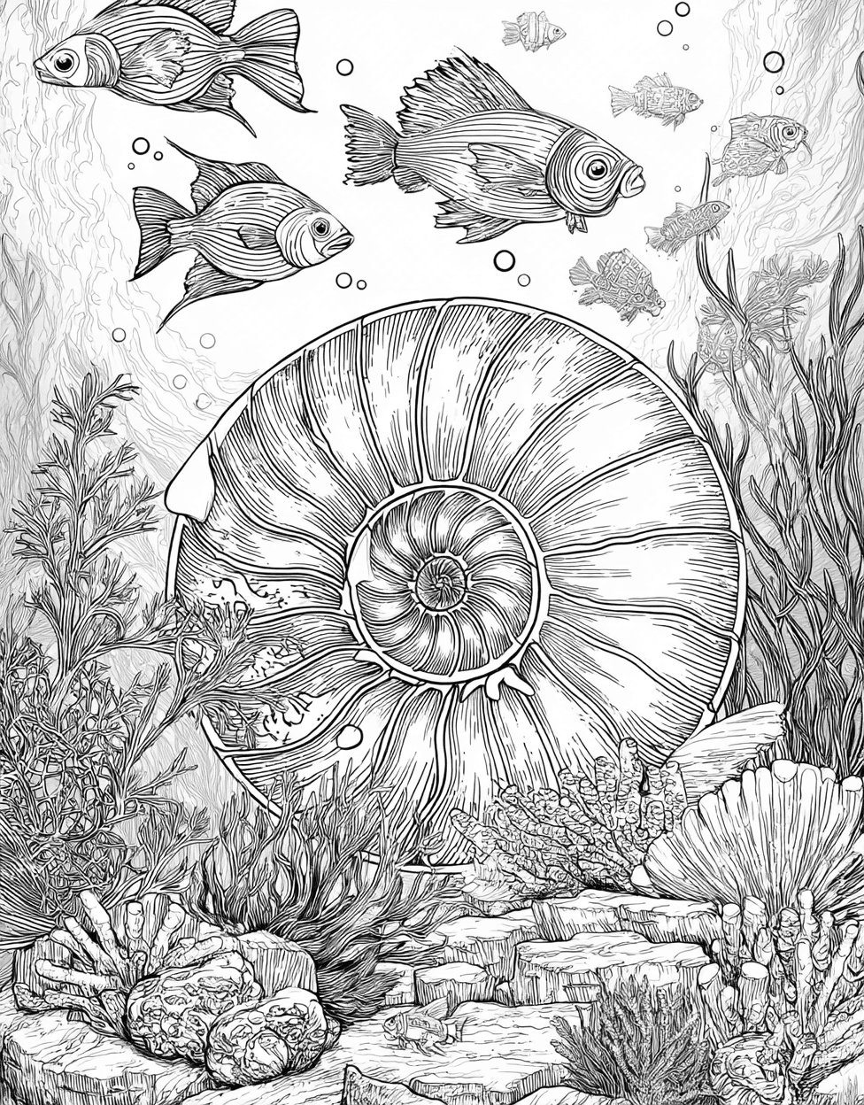 Free Printable Adult Coloring Pages, Nautilus Shell Coloring, Nautilus Shell Art a Spiral of Creativity, Stress Relief Color Book, Ocean Life Colouring Pages for Adults main 5